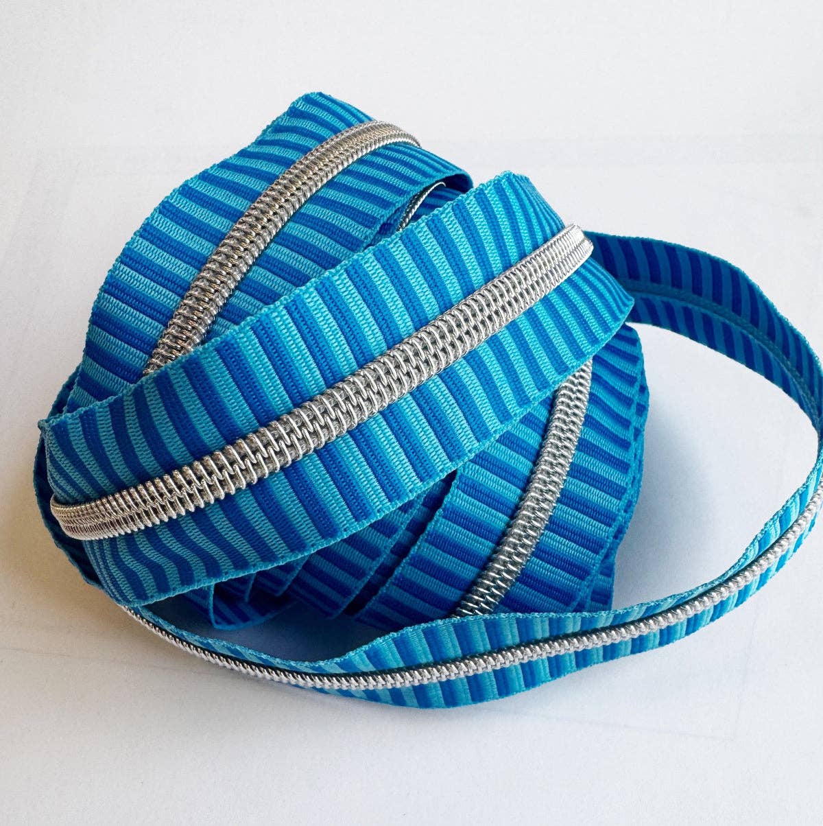 Sew Hungry Hippie Bright Blue Striped Jacquard Zipper Tape #5 Silver Teeth - 3 Yard Pre-Cut
