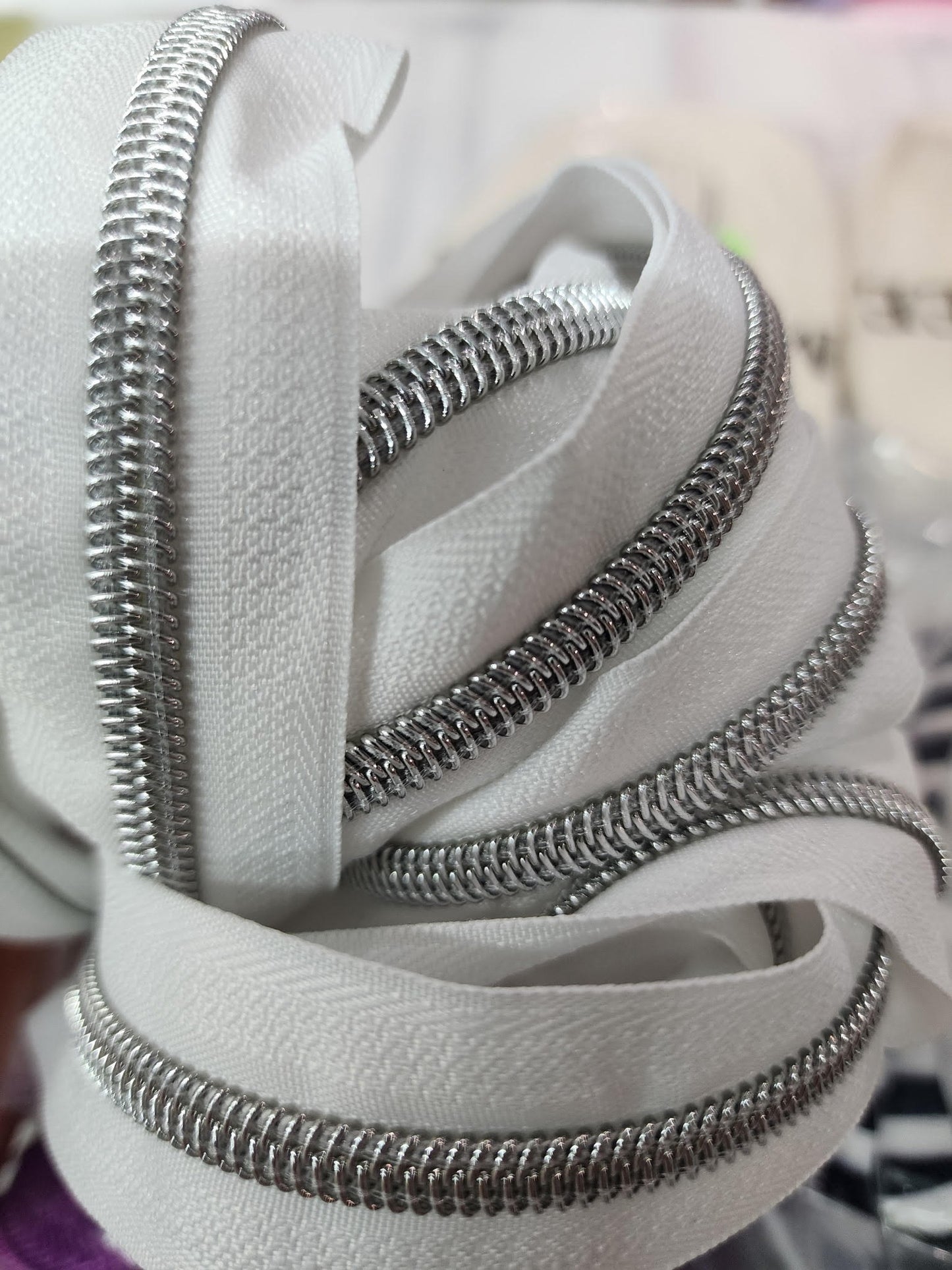 White and Silver Zipper By The Yard