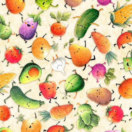 QT Fabrics - QT Foodies - Just Veggin Cartoon Vegetables With Faces on Cream - 2600 32226 E