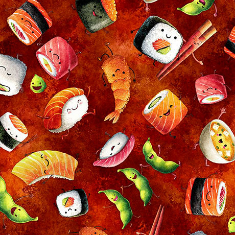 QT Fabrics - QT Foodies - Cartoon Sushi With Faces on Red - 2600 32230 R