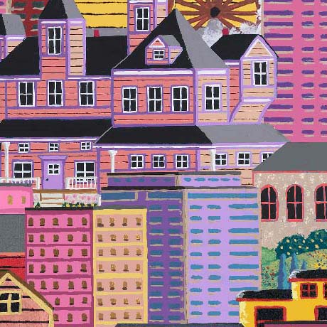 QT Fabrics - Balloonfest - Buildings Pink / Yellow / Purple - 2600 32291 P