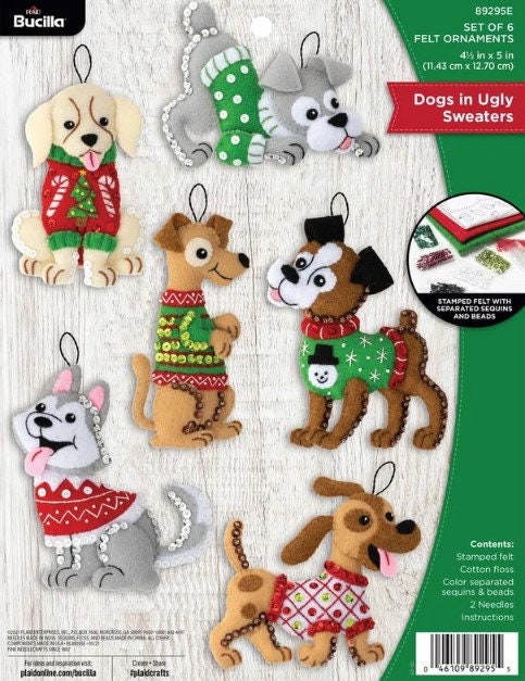 Bucilla Felt Christmas Dogs In Ugly Sweaters Christmas Tree Ornaments Kit