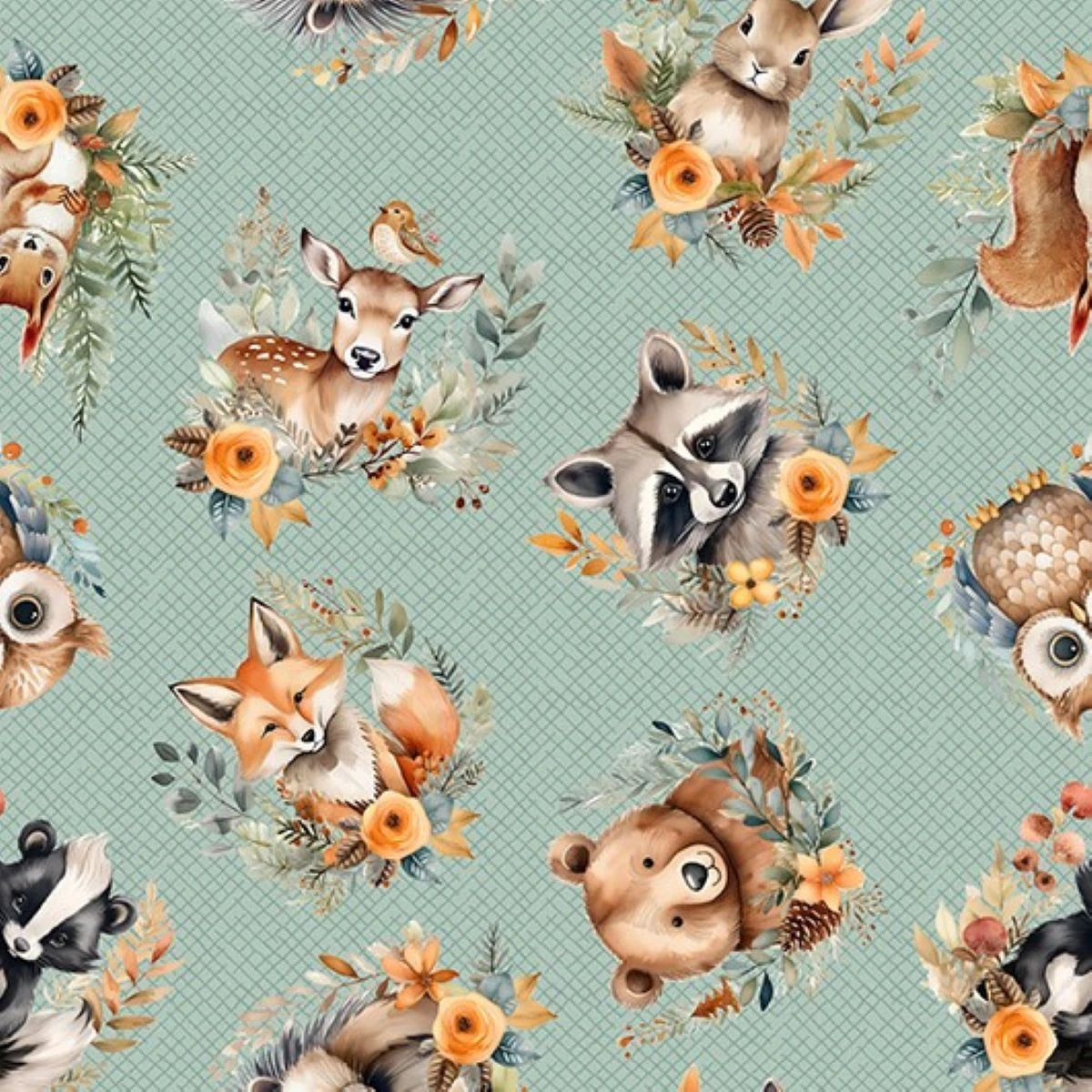Blank Quilting Co. - Tango Twist Designs - Wild and Free - Tossed Woodland Animals Flowers Florals Foliage - 4931-11 Teal