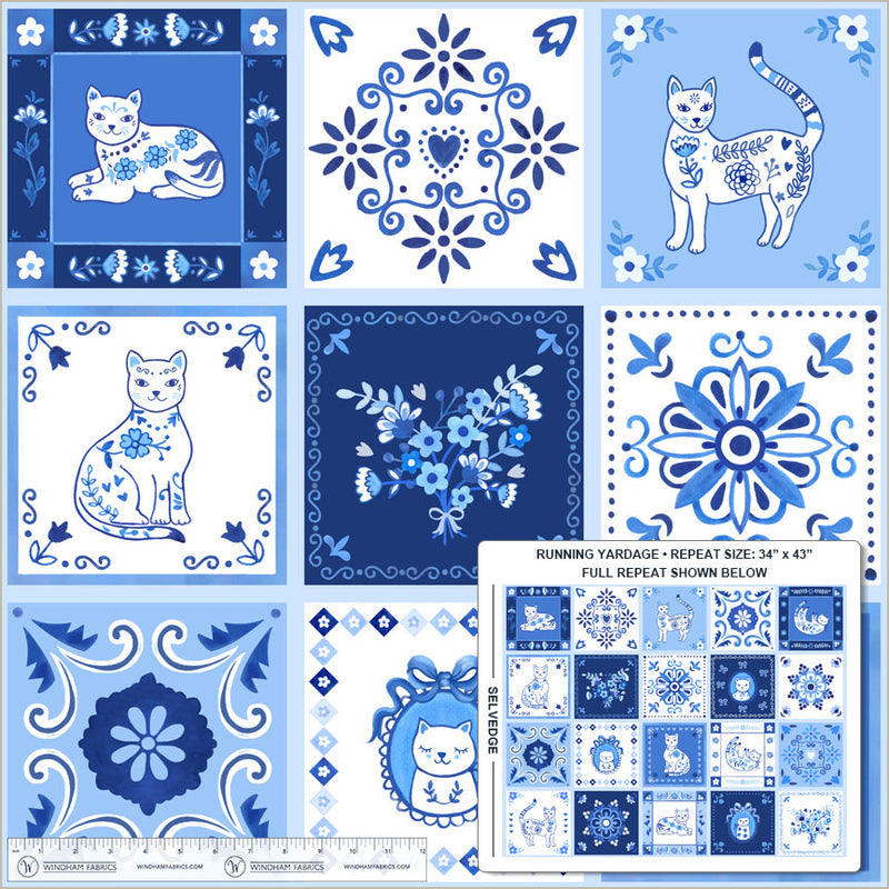PREORDER - Windham - Whistler Studios - Chateau Meow - Cats Tails and Tiles - 55341D-1 White/Blue - Ships August 2026