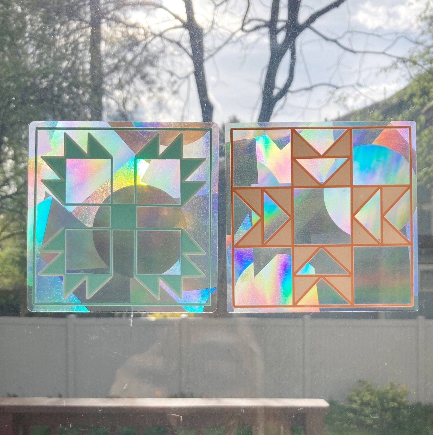 Feral Notions Quilt block Bear Paw Rainbow Window Cling Sticker
