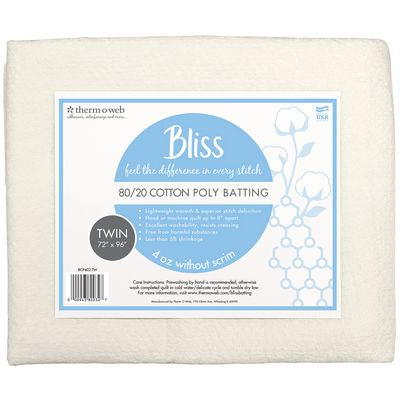 Bliss Batting - 80/20 Cotton Polyester Batting - Twin - 72" x 96"