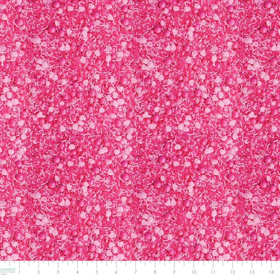 Camelot Fabrics - Confetti Fun - Dessert Food Pink Hearts and Pearls Sprinkles - 21250405-01
