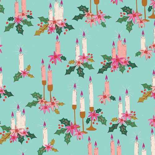 Art Gallery Fabrics - Christmas in Color - Holiday Glow Candles Holly Poinsettias - CMC-25413
