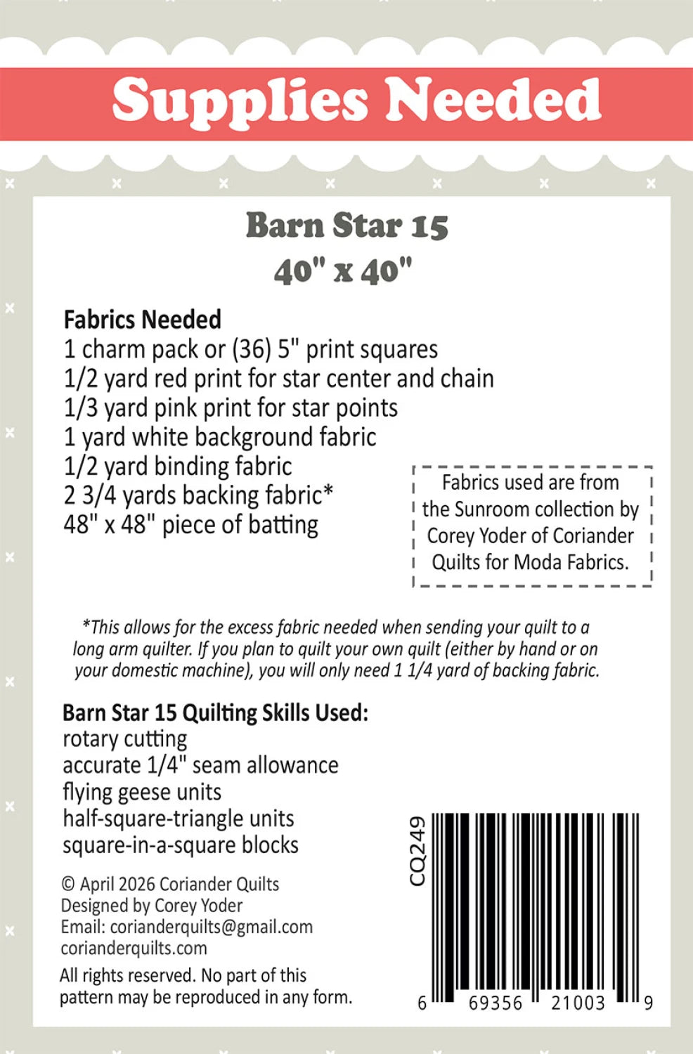 Barn Star 15 Quilt Pattern By Coriander Quilts