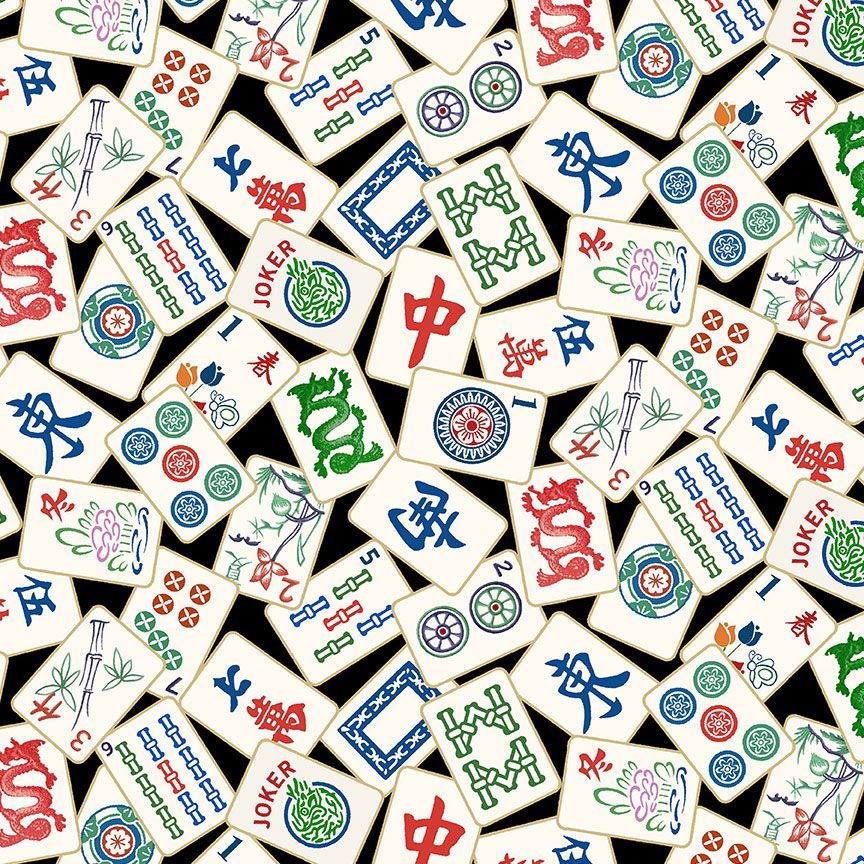 Timeless Treasures - Mahjong Tiles on Black - FUN - CD2741