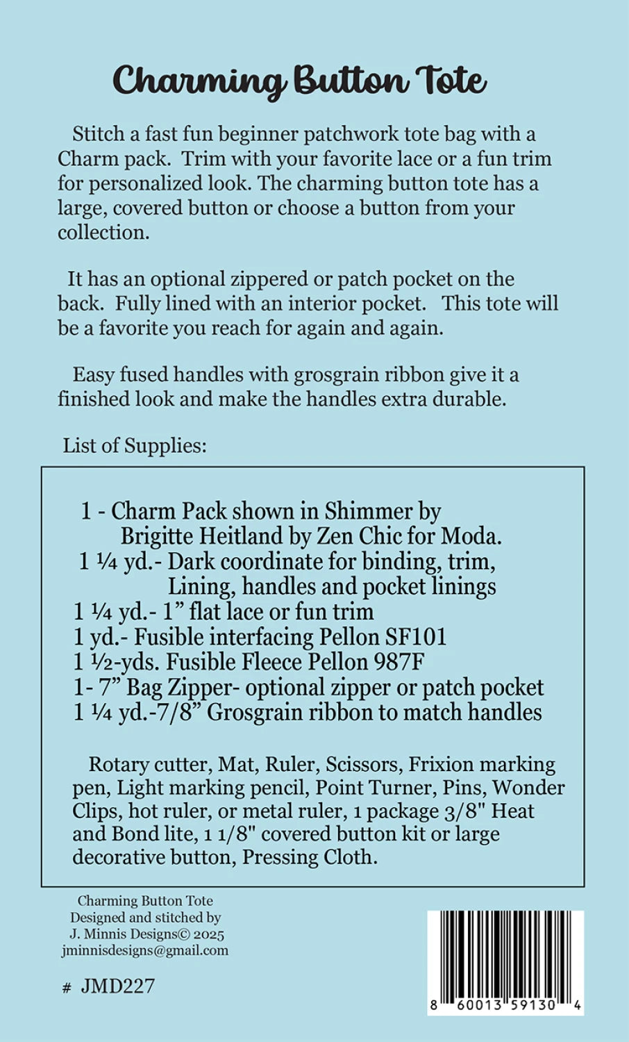 Charming Button Tote Bag Pattern By J Minnis Designs
