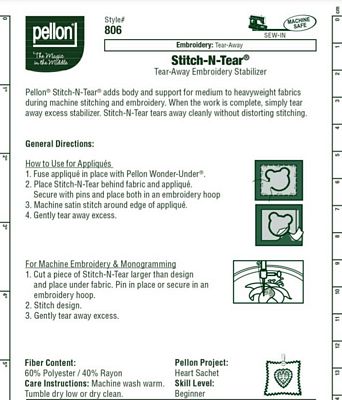 Pellon - Stitch N Tear Embroidery Stabilizer - 20" Wide - By The Yard - 806