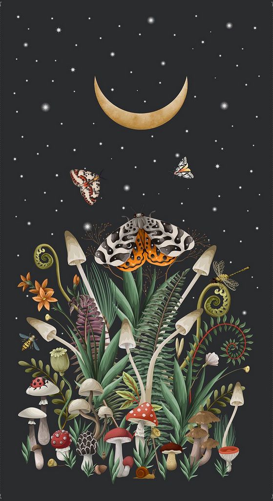 Dear Stella - Moth To A Flame - 24" Large Moth Leaves Mushrooms Panel - PSTELLA - D3773