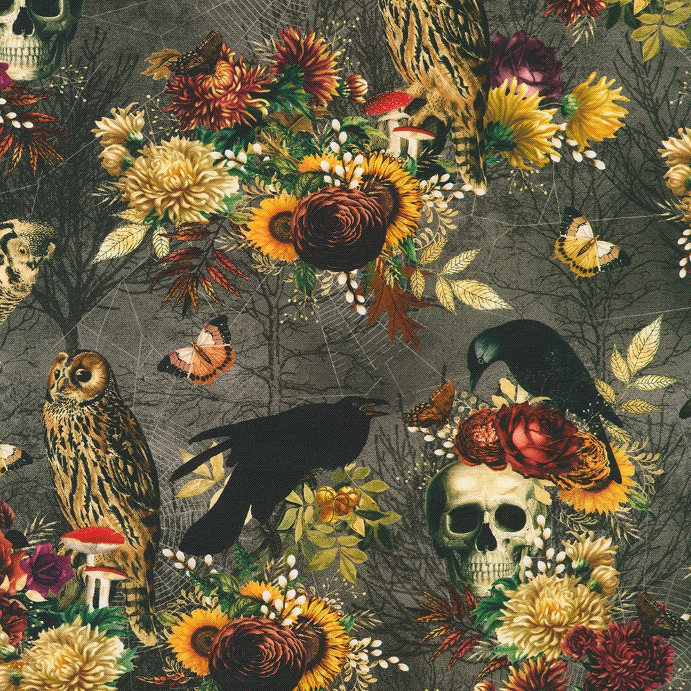 Robert Kaufman - Ravenwood - Ravens / Skulls / Autumn Florals and Foliage - SRKD-23994-304 SHADOW