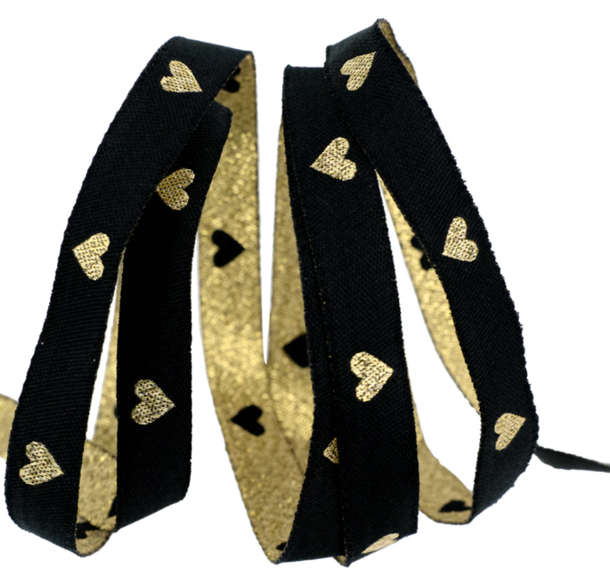 Ruby Star - Melody Miller - Hearts and Sparks Black/Gold Ribbon - 3/8" - By The Yard