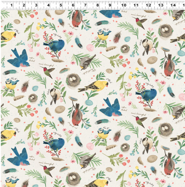 Preorder - Clothworks - Janelle Penner - Bird Study - Birds and Flora - Y5008-2 Light Cream - Ships October 2026
