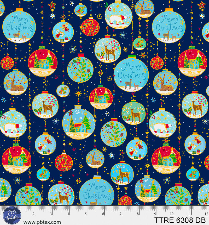 P and B Textiles - Turnowsky Treasures - Christmas Holiday Bright Blue Baubles - TTRE 6308 DB