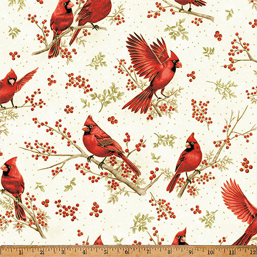 Hoffman California - Berries and Birch - Red Bird Cardinals Metallic - X7796 20G Natural / Gold