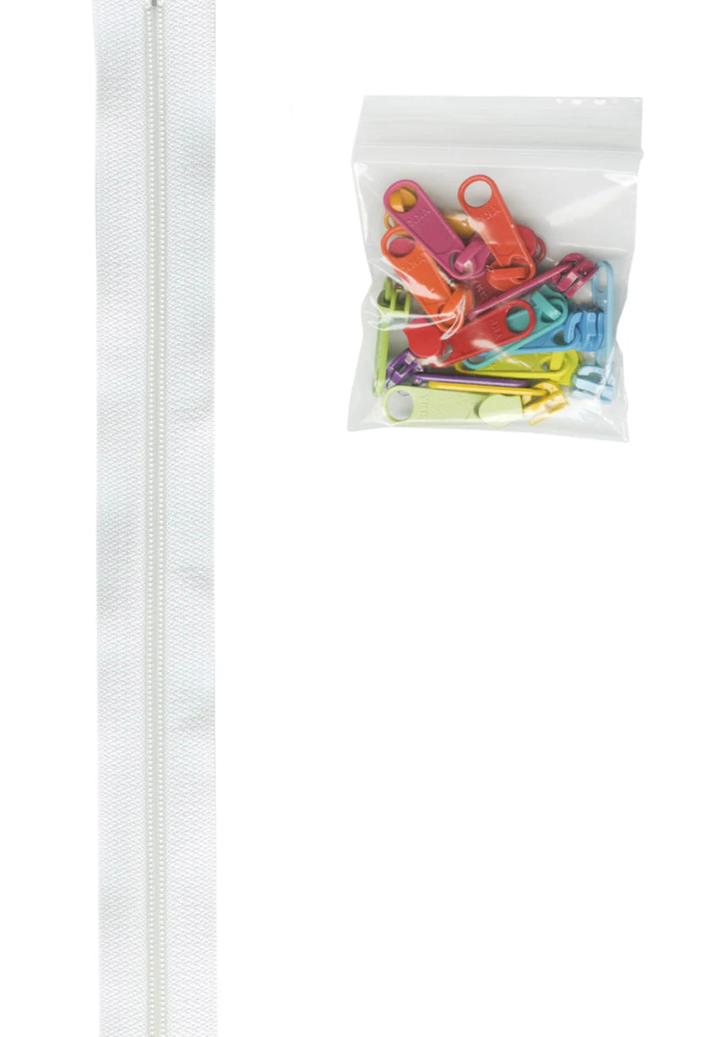 By Annie's - 4 Yards of 16mm #4.5 White Zipper Chain and 16 Extra Large Multi Colored Pulls