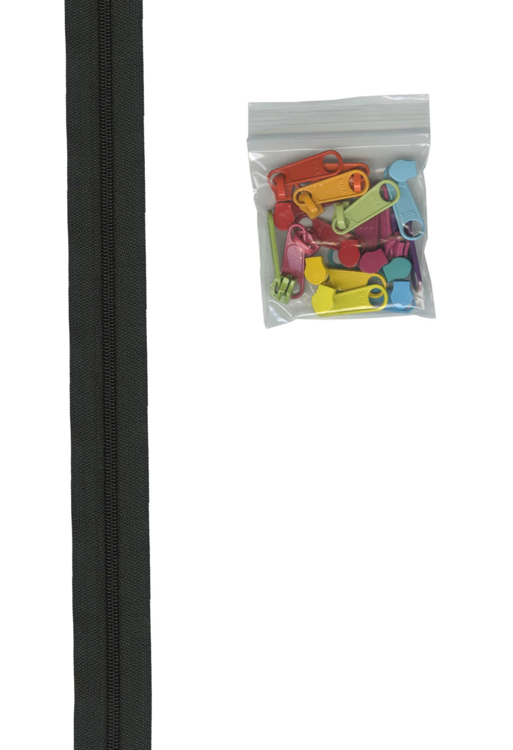By Annie's - 4 Yards of 16mm #4.5 Black Zipper Chain and 16 Extra Large Multi Colored Pulls
