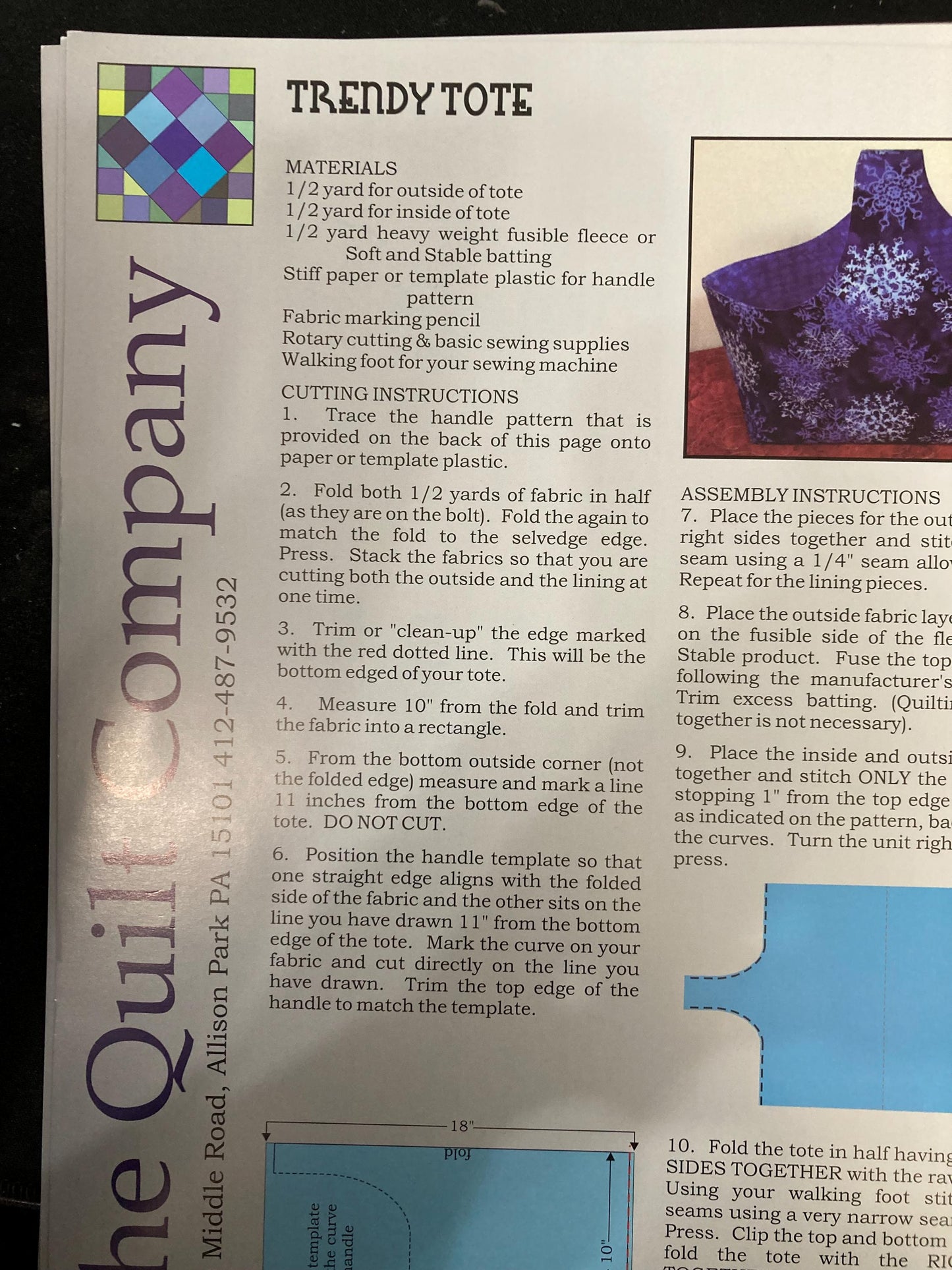 The Quilt Company - Trendy Tote Pattern Sheet TQC632 - Set of 2 Patterns