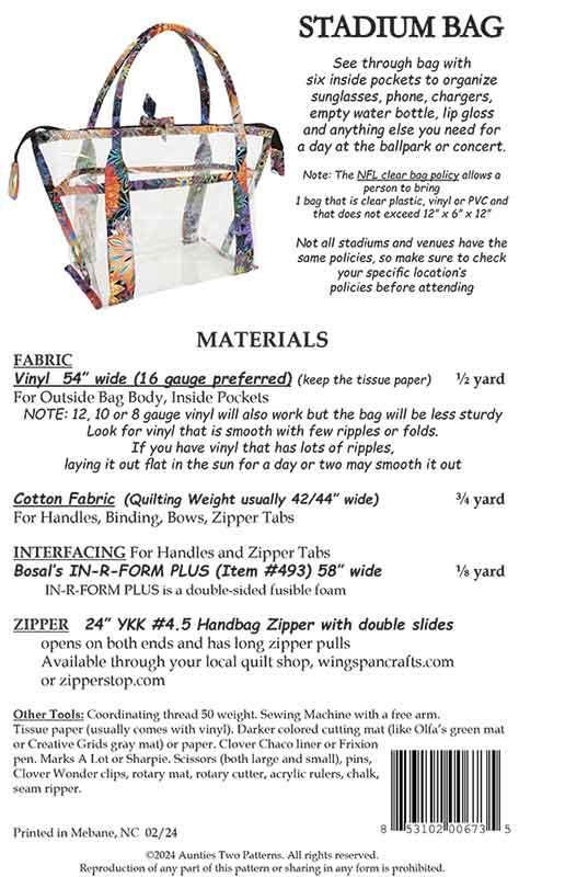 Stadium Bag Pattern by Aunties Two