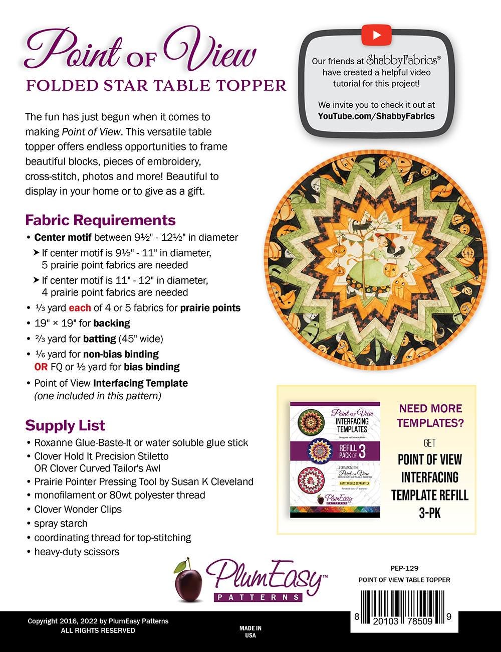 Plum Easy - Point of View Folded Star Table Topper Pattern and Interfacing PEP-129