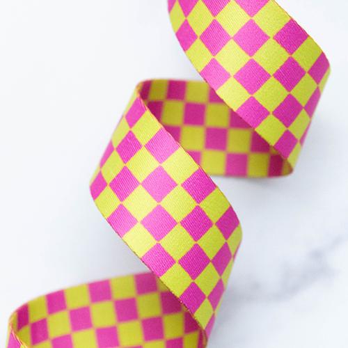 Checkers Citron Yellow and Pink Webbing 1.5" Stitch Supply Co - By The Yard