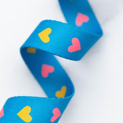 Pink and Yellow Hearts Blue Webbing 1" Stitch Supply - By the Yard
