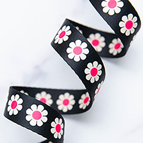 Hot Pink Daisy Black Webbing 1" Stitch Supply - By the Yard
