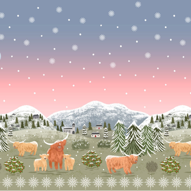 Preorder - Lewis and Irene - Celtic Christmas - Festive Highland Coo Cows Double Edge Border Panel - C137 - Ships June 2026