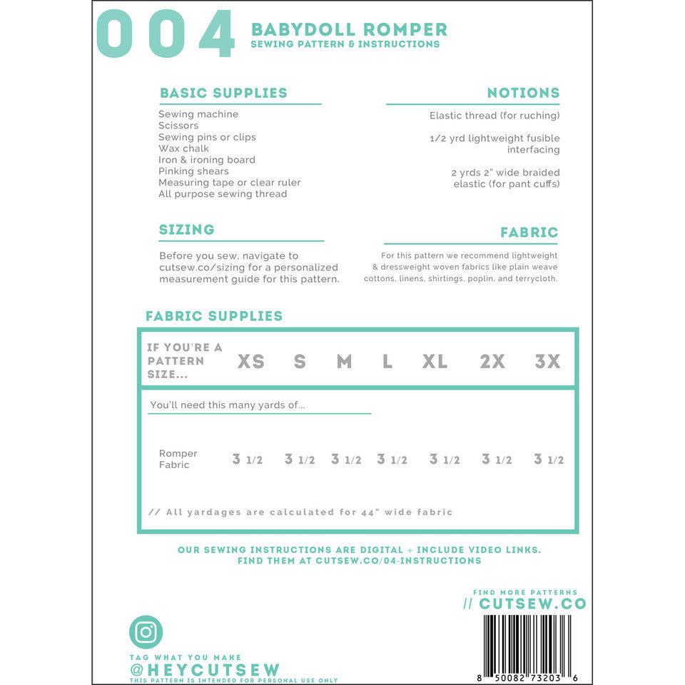 Babydoll Romper Clothing Pattern By Cut / Sew Patternmaking