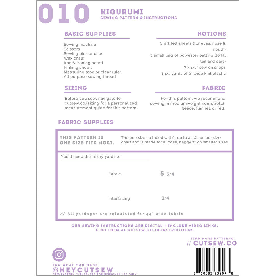 Kigurumi Pajama Onesie Clothing Pattern By Cut / Sew Patternmaking
