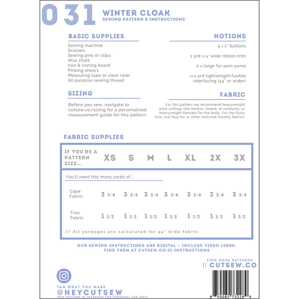 Winter Cloak Clothing Pattern By Cut / Sew Patternmaking