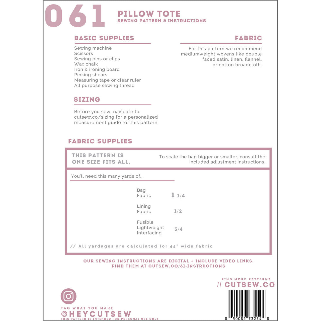 Pillow Tote Bag Pattern By Cut / Sew Patternmaking