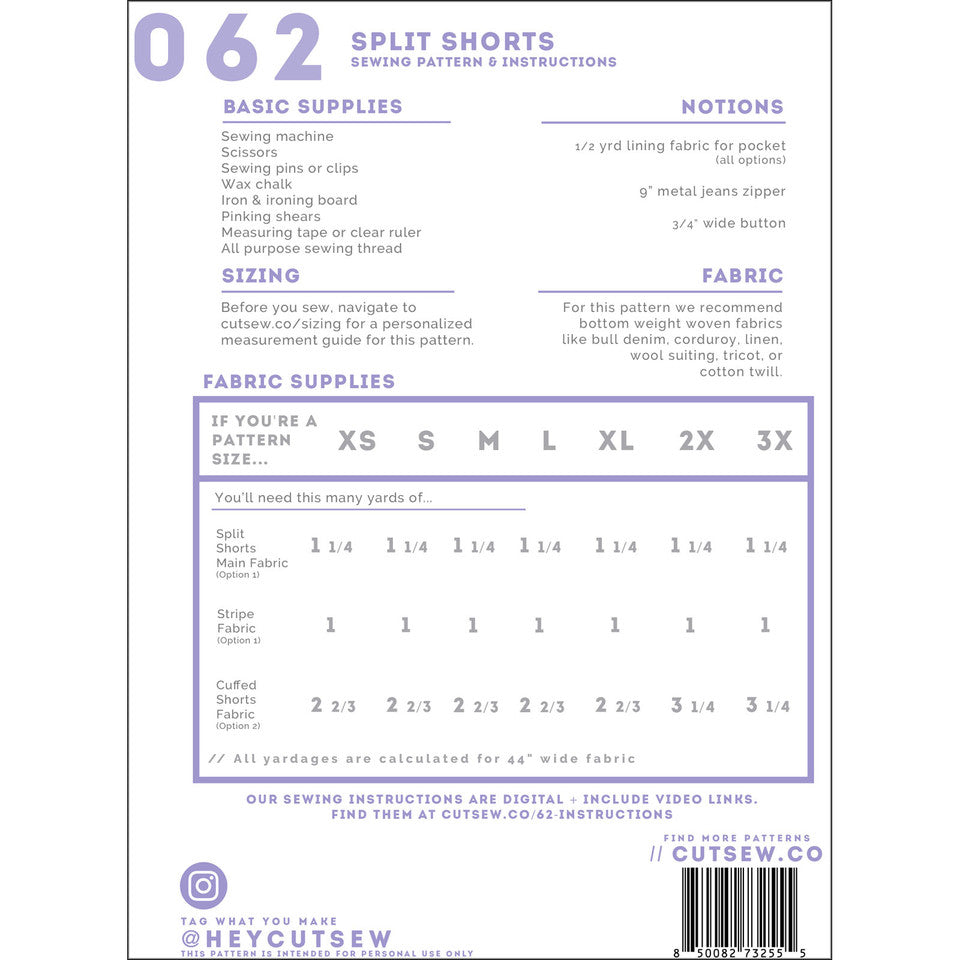 Split Shorts Clothing Pattern By Cut / Sew Patternmaking