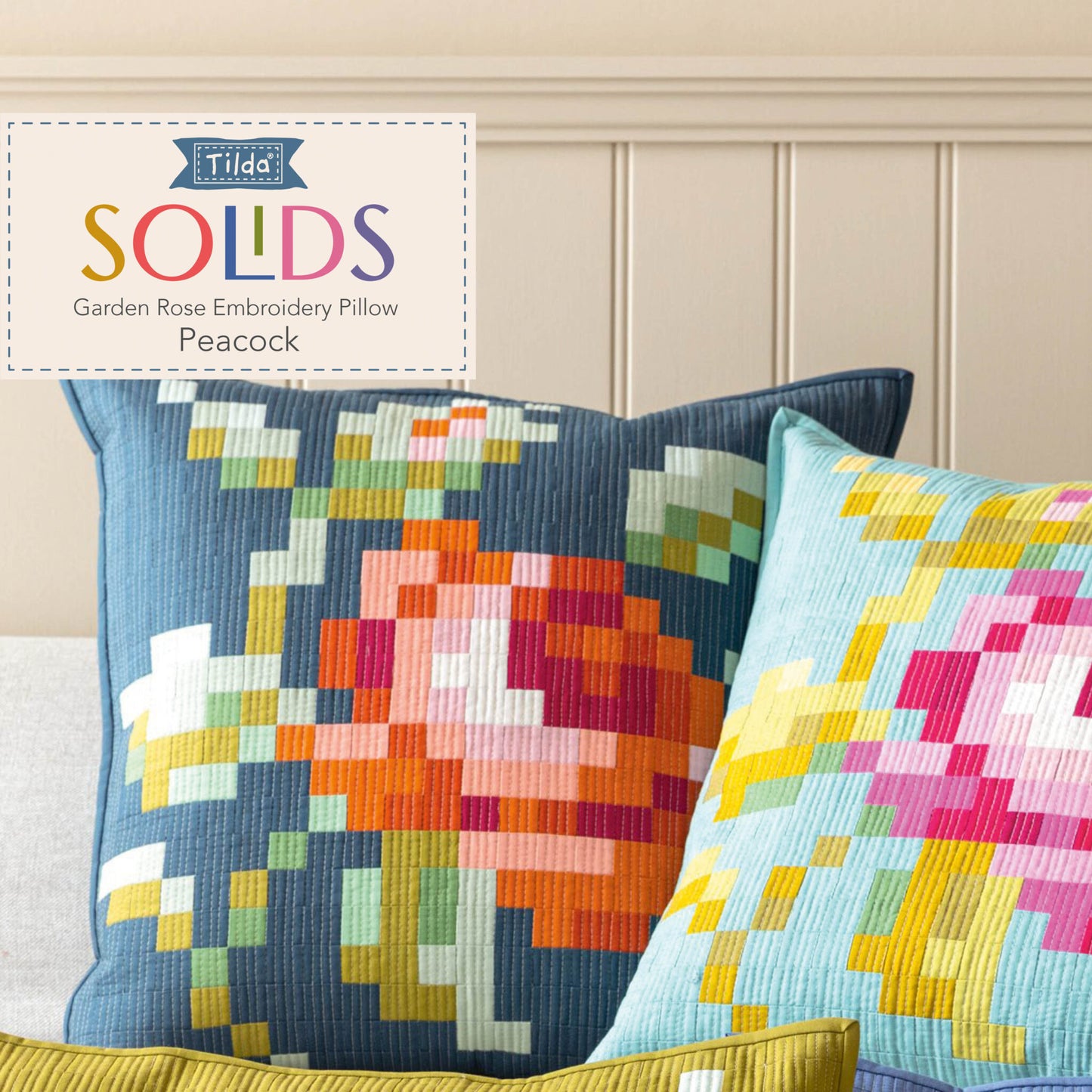Tilda - Garden Rose Embroidery Pillow Pattern and Fabric Kit - Peacock Version