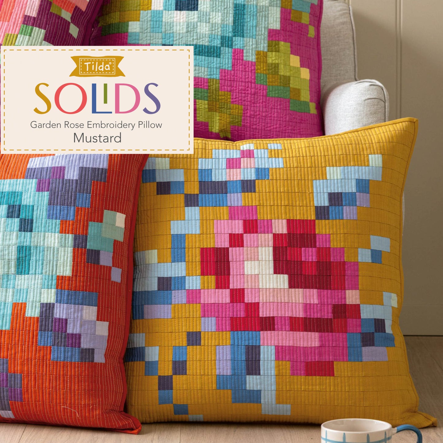 Tilda - Garden Rose Embroidery Pillow Pattern and Fabric Kit - Mustard Version