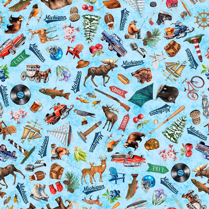 Preorder - QT Fabrics - All Michigan Shop Hop 2026 Fabric - Michigan Icons - Light Blue - 32079 B - Ships June 2026