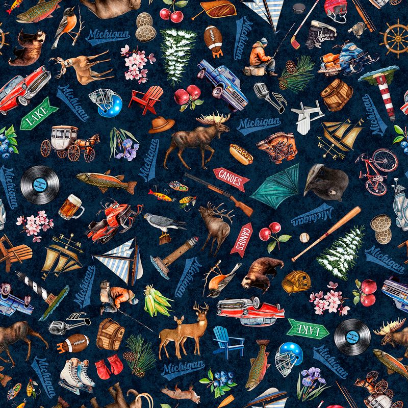 Preorder - QT Fabrics - All Michigan Shop Hop 2026 Fabric - Michigan Icons - Navy - 32079 N - Ships June 2026