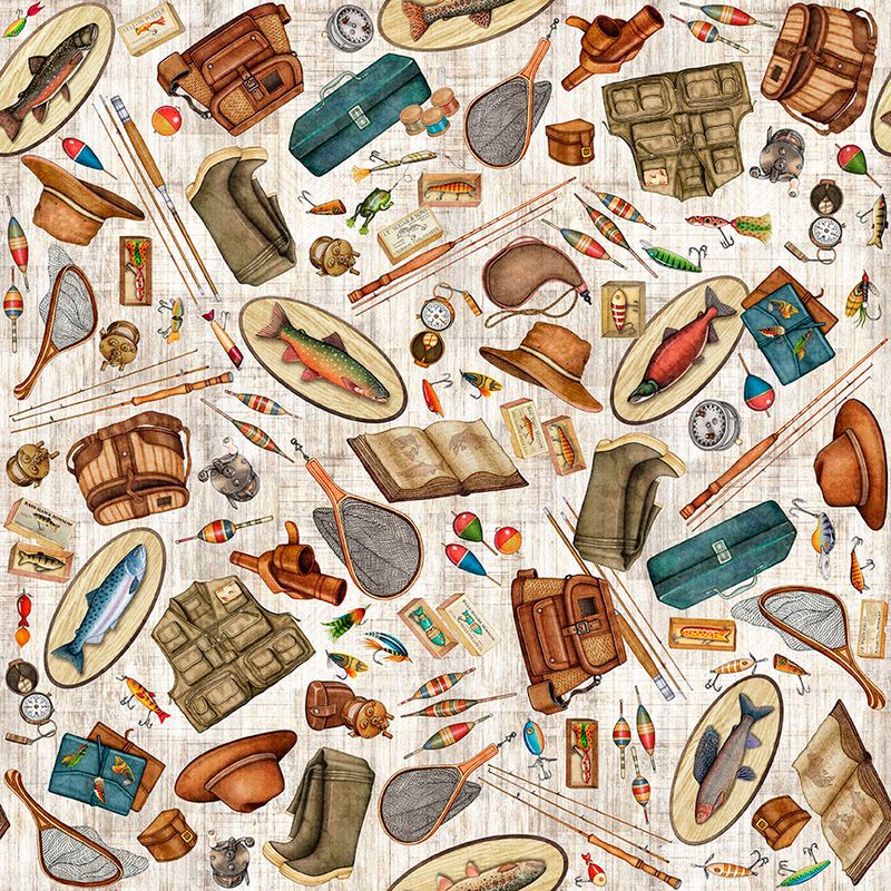Preorder - QT Fabrics - All Michigan Shop Hop 2026 Fabric - Fishing Equipment - Cream - 32082 E - Ships June 2026