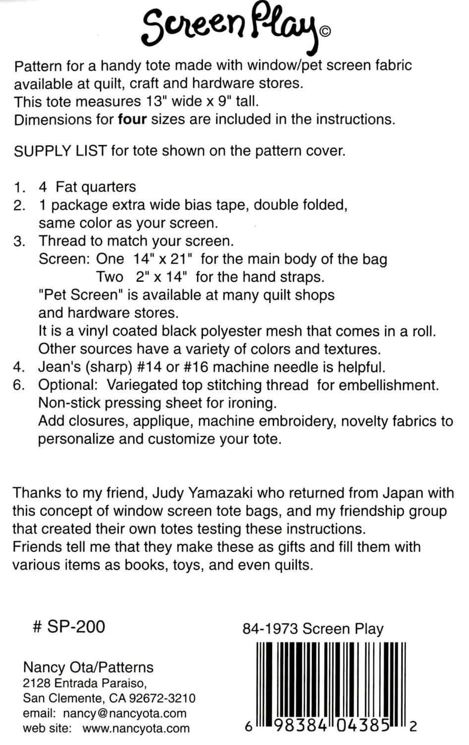 Screen Play 1 Bag Pattern By Nancy Ota Patterns