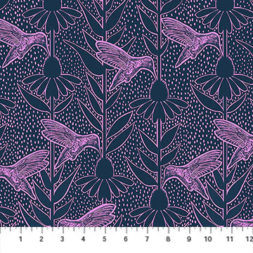 Northcott - Anna Maria Textiles - Indelible Ink - Hummingbirds and Echinacea - AMT1007-49C