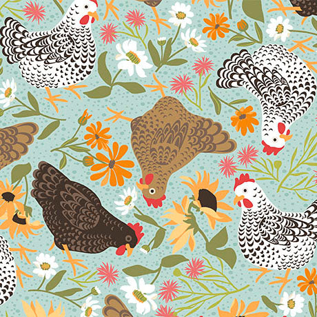 QT Fabrics - Chickens in the Meadow - Chickens and Flowers - 31817-Q