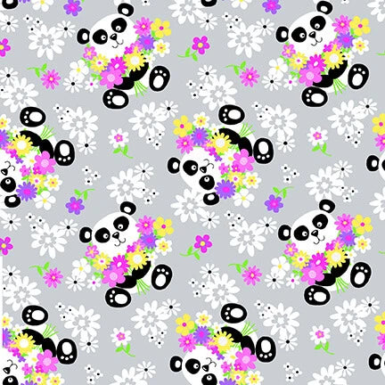 A. E. Nathan - Comfy Prints Flannel - Pandas and Flowers - 0818-90 GRAY