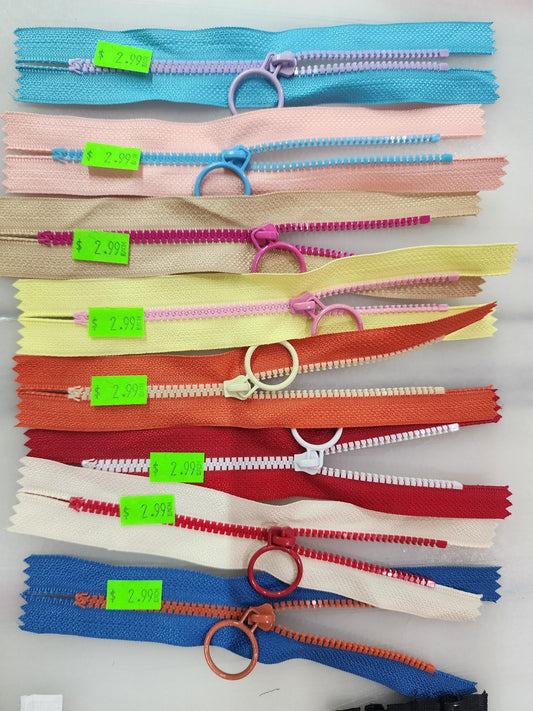 7" Multi Colored Zippers With Pull - 2 Zippers - Select Color!