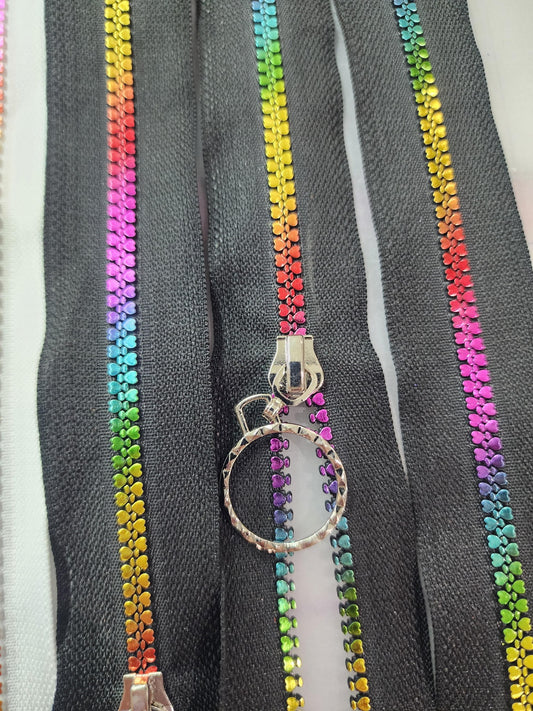 17" Rainbow Heart Teeth Zipper - 1 Zipper - Select Black OR White Tape!