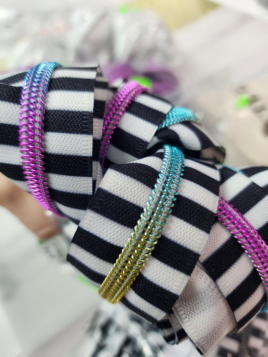 Black/White Stripe and Rainbow Zipper By The Yard