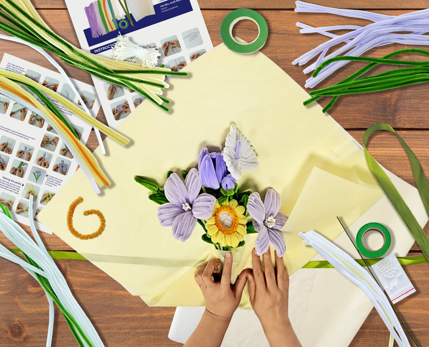 Hands Craft DIY Chenille Flower Bouquet Kit – Yellow & Purple Mix