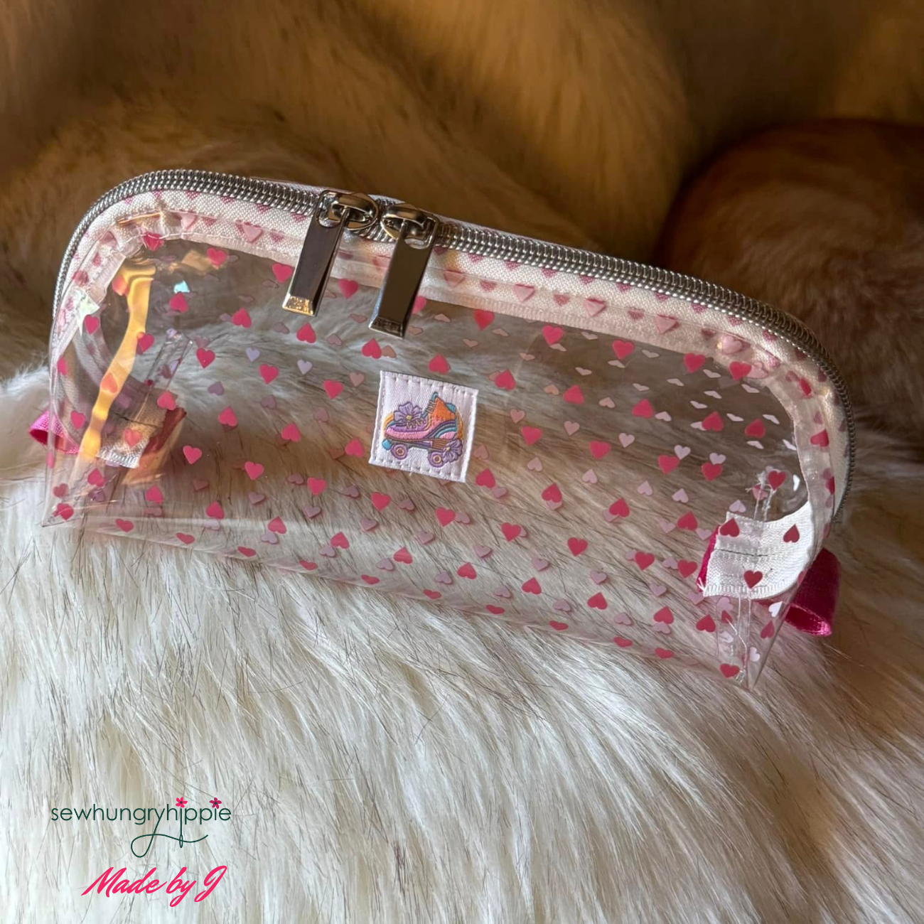 Sew Hungry Hippie Tiny Hearts Clear TPU Vinyl – Hot Pink Heart Print 18” x 52”